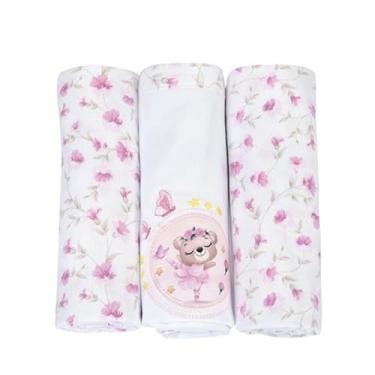 Imagem de Kit 3 Cueiros para Bebê 80x80cm 100% Algodão com Estampas Suaves – Toque Macio, Respiráveis, Ideais para Enxoval e Maternidade (Rosa)