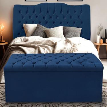 Imagem de Kit Cabeceira E Calçadeira Baú Dunas Queen 160 Cm - Veludo Azul