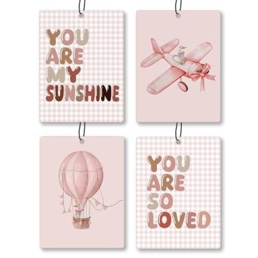 Imagem de Exqcom Aromatizador de ar rosa para berçário, 4 peças, Coquette Preppy Balão de ar Quente Avião Pendurado Aromatizador de Ar para Crianças Presentes de Meninas, Acessórios de Carro Perfumados Fofos