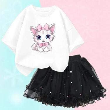 Imagem de Conjunto de 2 Peças Verão para Meninas - Camiseta de Gato e Saia Tutu,