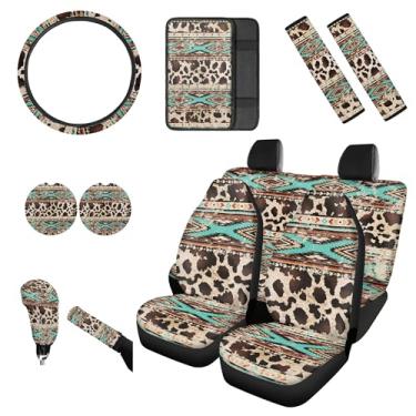 Imagem de gearider Southwest Aztec Conjunto de 12 acessórios para carro, capas universais de assento automotivo, capa de volante, cinto de segurança, almofada de apoio de braço, porta-copos, estampa de vaca