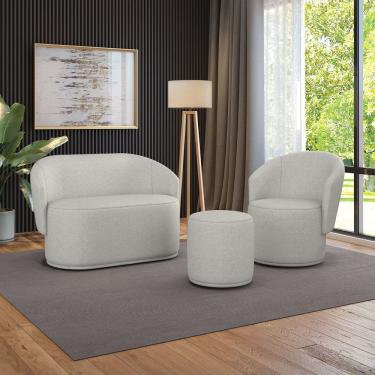 Imagem de Sofá Namoradeira Com Poltrona E Puff Orgânico Sala Malu Linho Cinza M11 - D'rossi