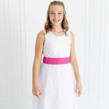 Imagem de Vestido Longo branco Faixa Lisa pink Adulto com Saia Tule Branco faixa