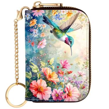 Imagem de ANNAMISSI Carteira feminina de couro com bloqueio de RFID, porta-cartões de crédito com zíper para mulheres e meninas, Beija-flor, Estampa
