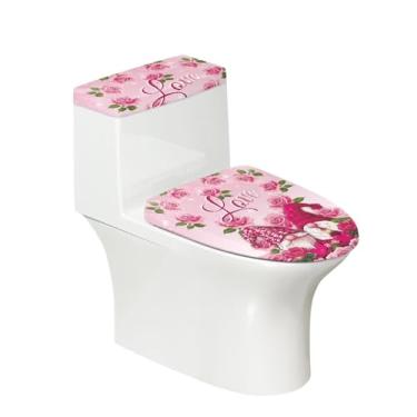 Imagem de ZUXONGSY Gnome Rose Capas de tampa de assento de vaso sanitário romântico para decoração de banheiro, 14 de fevereiro, tampas oblongas, tecido elástico para trailer