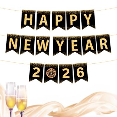 Imagem de Banner de Feliz Ano Novo 2025, pré-montado em ouro preto com purpurina, decorações de festa de ano novo, decoração de interiores para manto de lareira