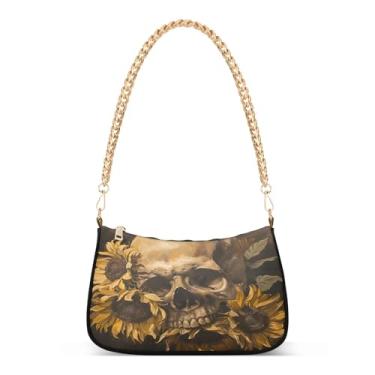 Imagem de CEBUGI Bolsas transversais femininas bolsa de ombro caveira girassóis bolsa clutch elegante com alça de corrente