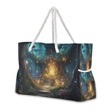 Imagem de Wassud Bolsa de praia Mystic Forest Cottage, grande, bolsa de praia para mulheres, impermeável, à prova de areia, bolsa de viagem com zíper e bolso para piscina, academia, acampamento