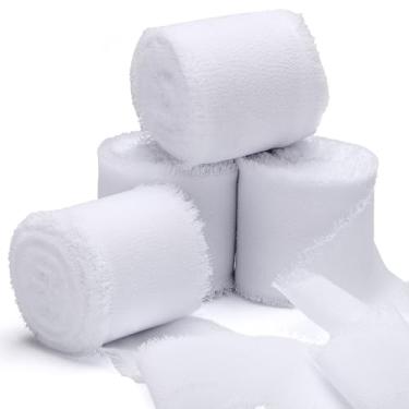 Imagem de EUSOAR Fita branca de 3,8 cm, 4 rolos no total de 22 metros, fita de chiffon de cetim feita à mão, fitas de seda para artesanato, embrulho de presente, buquê de flores, convites de casamento