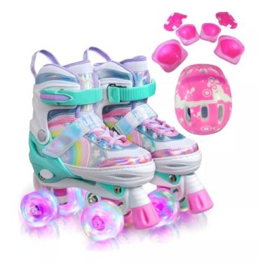Imagem de Patins Quad Ajustável Infantil com Freio Frontal – Conforto e Segurança(ARCO IRIS VERDE C/KIT ROSA,DO 37 AO 40)