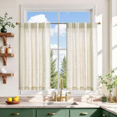 Imagem de jinchan Boho Cortinas de cozinha 91 cm de linho com padrão geométrico café boêmia pequena filtragem de luz tratamento de janela para sala de estar RV aba traseira 2 painéis verde em bege