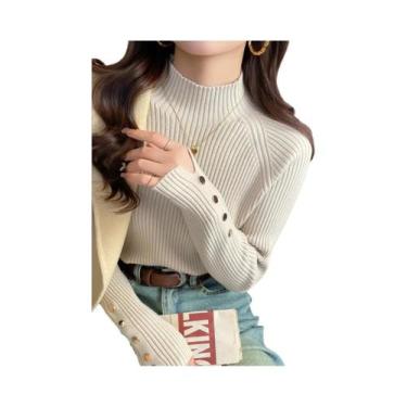 Imagem de Suéter De Tricô Feminino De Manga Longa Com Gola Alta Slim Fit Outono 