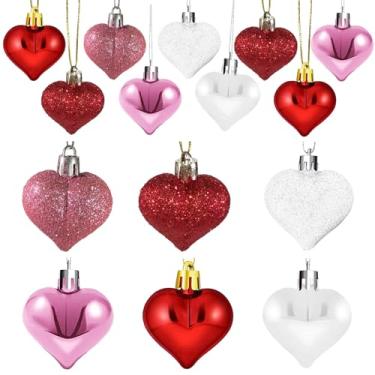 Imagem de Ornamentos de coração de dia dos namorados para árvore - enfeites de decoração de árvore dos namorados glitter rosa vermelho branco - mini 24 peças