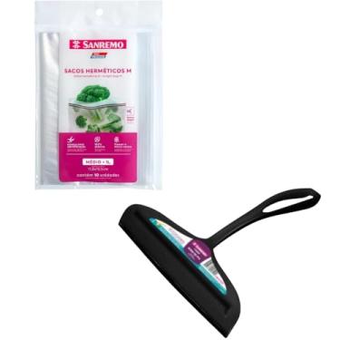 Imagem de Conjunto de 1 Rodo Plástico Multiuso Preto com Raspador 18cm + 1 Saco Abre e Fecha Hermético de 1 Litro