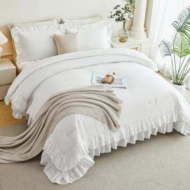 Imagem de ANGIYUIN Conjunto de edredom branco, solteiro, 5 peças, cama de camada dupla com babados em uma bolsa com lençóis, fazenda, fofo, para crianças, meninas (solteiro branco)