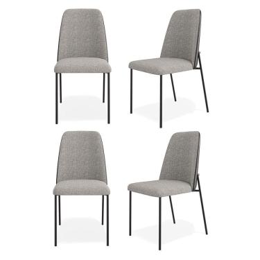 Imagem de Kit 04 Cadeiras Sala De Jantar Lior Estofada Base Preta Linho Cinza Couríssimo Preto - Desk Design