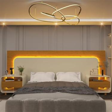 Imagem de Cabeceira Box Casal com 2 Mesas de Cabeceira com Led Innova 100% MDF Naturale/Off White