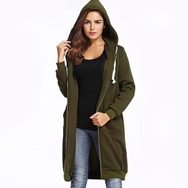 Imagem de Snsowed Nova Moda Feminina Com Capuz Longo Moletom Com Capuz Casaco Casual Bolsos Zíper Sólido Jaqueta (XXXL)