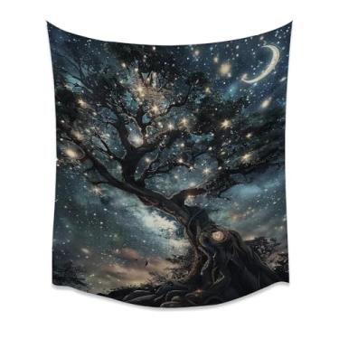Imagem de Tapeçaria de parede de árvore brilhante estrelada antigo tronco reluzente luz das estrelas mística, brilho oco místico, tecido de qualidade premium, vibração, cósmica, cenário de floresta, decoração