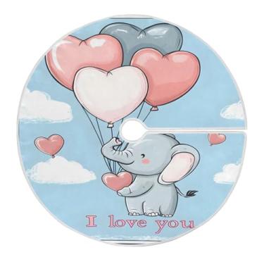 Imagem de Wassud Saia para árvore de Natal, elefante de desenho animado, balão de coração, decorações de árvore de Natal, enfeites de Natal, tapete de árvore pequena para decoração de festa de ano novo, 91 cm