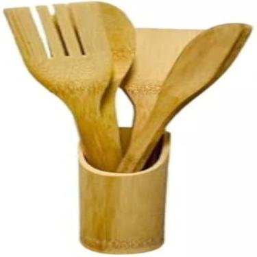 Imagem de Organizador de cozinha bambu com suporte para utensilios e tigelas, elegante