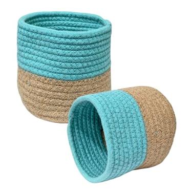 Imagem de FAB CASTLE Cesta de plantas de corda de algodão moderna para vasos de flores de 12,7 cm, organizador de brinquedos, decoração de casa rústica (azul claro)