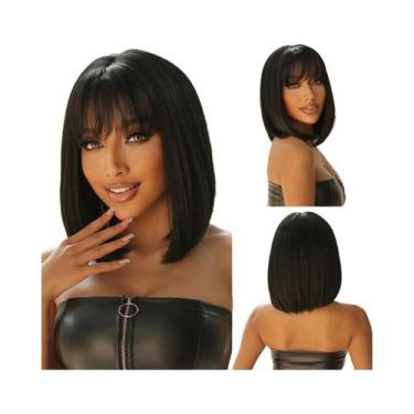 Imagem de Peruca Sintética Preta Curta E Lisa Com Franja Para Mulheres, Resisten