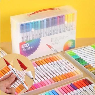 Imagem de Kit 120 Canetas Ponta Fina Canetinhas para Pintar Canetas Brush Pen Kit 2 em 1 Profissional para Lettering Caligrafia e Desenho Canetinha 120 cores Coloridas Dual Tip Branca para Artistas Estudantes