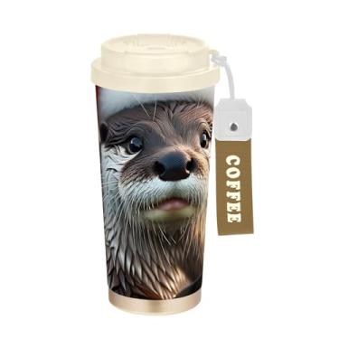 Imagem de TSENQUE Caneca de café de viagem de 473 ml, copo de café com revestimento cerâmico com canudo e tampa de filme, copo isolado a vácuo de aço inoxidável, lontra fofa de Natal