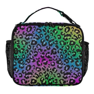 Imagem de Joisal Lancheira colorida de leopardo gradiente para mulheres, meninas, lancheira com alça de ombro, masculina, infantil, lancheira para trabalho e meninos, bolsa térmica divertida e fofa