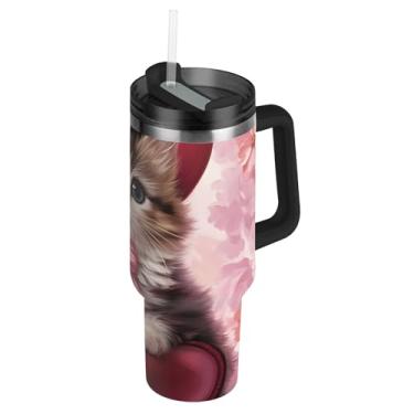 Imagem de Copo de 1,134 g com alça copos de aço inoxidável com tampas e canudo rosa isolado garrafa de água copos de café quente para carro romântico gatinho rosa chapéu coração