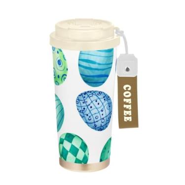 Imagem de TSENQUE Caneca de café de viagem 40 ml com canudo e tampa, revestimento cerâmico, isolamento a vácuo, paredes duplas, ovos de Páscoa, azul, verde, branco