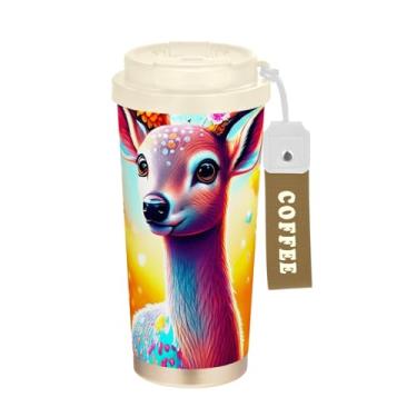 Imagem de TSENQUE Copo de café de 473 ml com canudo e tampa de filme, copo de café de viagem de aço inoxidável à prova de vazamento para escritório, escola, festa, acampamento, arte colorida de animais de veado