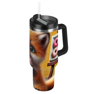 Imagem de Copos de aço inoxidável com tampas e canudo doce raposa donut box carro copo de café térmico 1,134 g copo com alça garrafa de água isolada