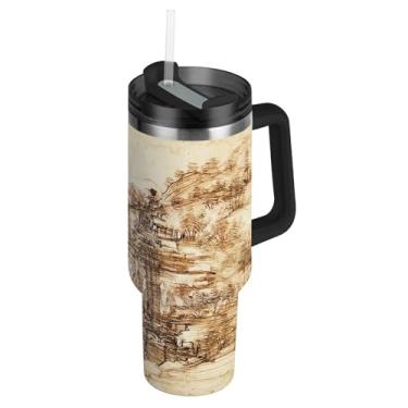 Imagem de Joisal Leonardo da Vinci Landscape Arno Valley Tumblers com tampas e canudos de aço inoxidável garrafas de água isoladas copo com alça 1,134 g rosa fofo carro copo de café