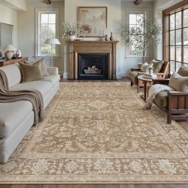 Imagem de PureCozy Tapete marrom 20 x 25 cm, vintage, lavável, sala de estar, boho, antiderrapante, quarto, interior, escritório, pilha baixa, grande, tradicional, envelhecido, retrô, para sala de jantar