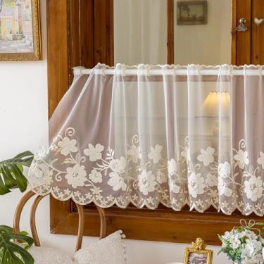 Imagem de vctops Cortinas de janela bordadas florais rústicas de voile branco com borda recortada, saia curta semitransparente com filtragem de luz para quarto, sala de estar, decoração de casa (bege, 180 x 61