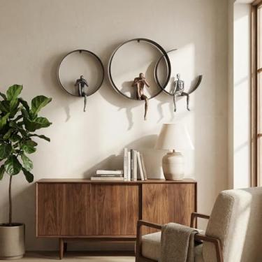 Imagem de ZSKXJBPF Escultura de arte de parede de metal 3D com figuras pensadoras de resina, decoração de parede minimalista moderna de anel de ferro para sala de estar quarto escritório, arte contemporânea