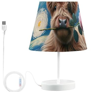 Imagem de TSENQUE Candeeiro de mesa lateral personalizado de vaca Highland Starry Night Lindas lâmpadas LED para quiosques noturnos, recarregável por USB, lâmpada quente que muda de cor exclusiva