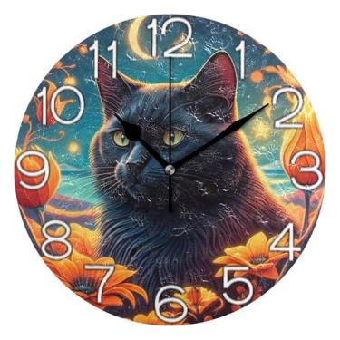 Imagem de GAIGEO Relógio de parede decorativo analógico relógio de cozinha bonito redondo sem tique-taque silencioso, decoração de parede moderna sala de estar flores de gato preto, 25 cm, ponteiros dourados