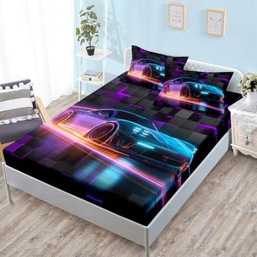 Imagem de HOSIMA Jogo de cama casal de carro de corrida para meninos, leve, padrão geométrico, esportes radicais, decoração de quarto de carro, 1 lençol com elástico + 2 fronhas.
