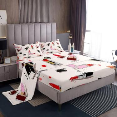 Imagem de Jogo de lençol king com tema de maquiagem de batom, moderno, 4 peças, para decoração de quarto de mulheres, adolescentes, moderno, preto, vermelho, rosa, microfibra macia + lençol de cima, 2 fronhas