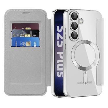 Imagem de Asdsinfor Capa flip para Samsung S24 Plus capa de couro transparente galvanizada resistente 360 proteção sem fio com compartimento para cartão capa carteira para Samsung Galaxy S24+. Cinza JD