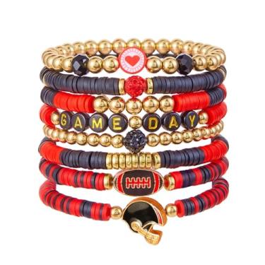 Imagem de Qszmjo Pulseiras femininas de dia de jogo com contas de futebol americano empilháveis pulseira esportiva futebol mãe joias acessórios, One Size, Argila de polímero, Sem Pedra Preciosa