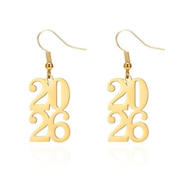 Imagem de Pingyongchang Brincos de feliz ano novo 2026 fofos com letras de metal 2026 para mulheres, Natal, véspera de Ano Novo, festiva, festa, presente, Metal, Sem pedra preciosa