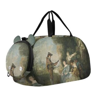 Imagem de Bolsa esportiva Hubert Robert para meninas com pintura de paisagem para viagem durante a noite com compartimento para sapatos, bolsa esportiva para meninos, Antoine Watteau pintando o amor, Clássico