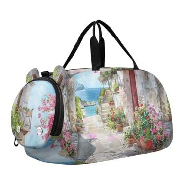 Imagem de Bolsa esportiva para meninos Highland Cow Pink Glasses Overnight Weekender Bolsa de viagem para meninas, beco italiano romântico, Clássico