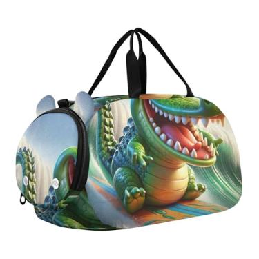 Imagem de Bolsa esportiva para meninos de fim de semana durante a noite, coalas abraçando chocolate, dia dos namorados, meninas, bolsas de viagem para crianças e danças, Desenho divertido de crocodilo surfando