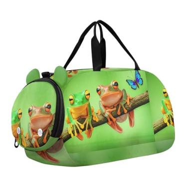 Imagem de Bolsa esportiva escocesa Highland com flores de vaca para meninas, bolsa de viagem noturna, compartimento de sapatos para meninos, Little Frogs Borboleta Verde, Clássico