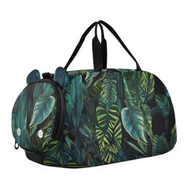 Imagem de Linda bolsa esportiva azul para cães pug para meninos durante a noite para o fim de semana e meninas para viagens e crianças, Plantas tropicais de folhas azuis, Clássico